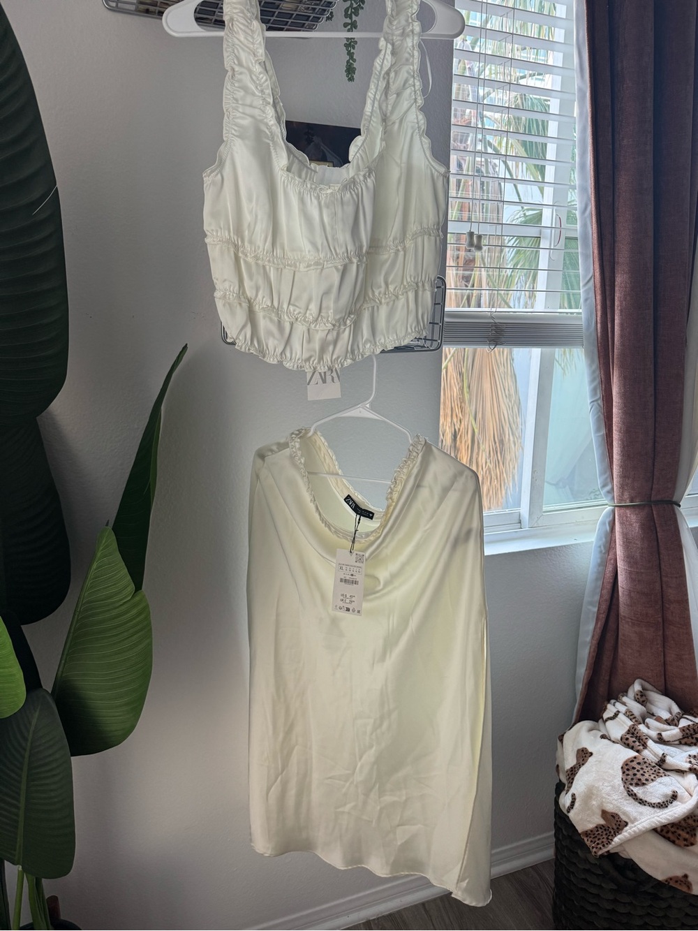 Zara Cream Ruched Crop Top and Slip Skirt Set